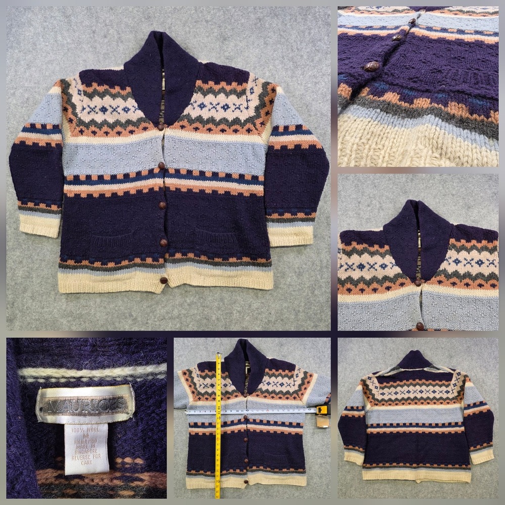 Vintage Maurices Sweater Womens Medium Blue Wool Fair Isle Cardigan Knit